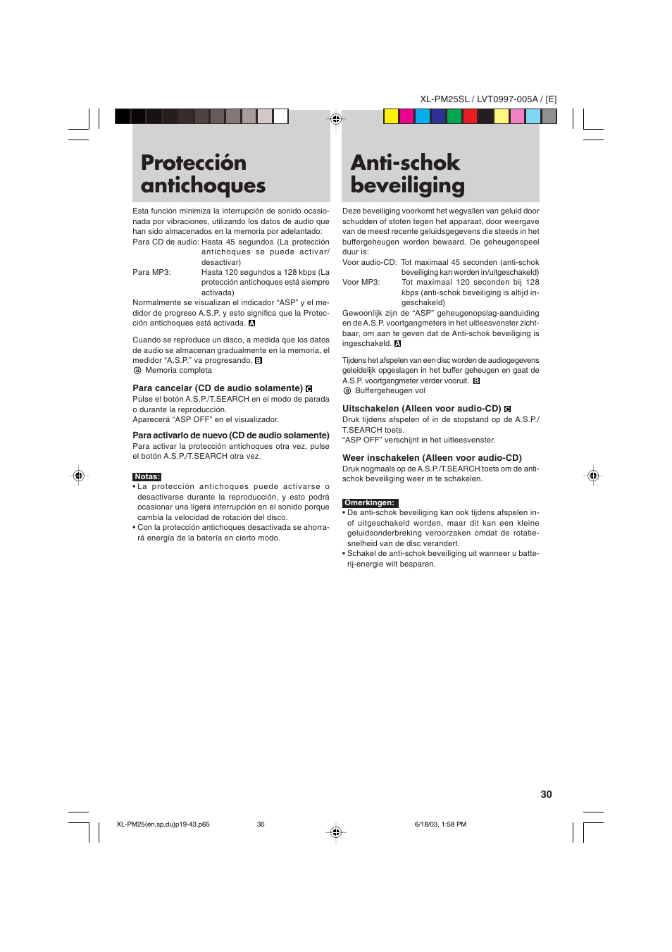 Protección antichoques, Anti-schok beveiliging | JVC XL-PM25SL User Manual | Page 33 / 48
