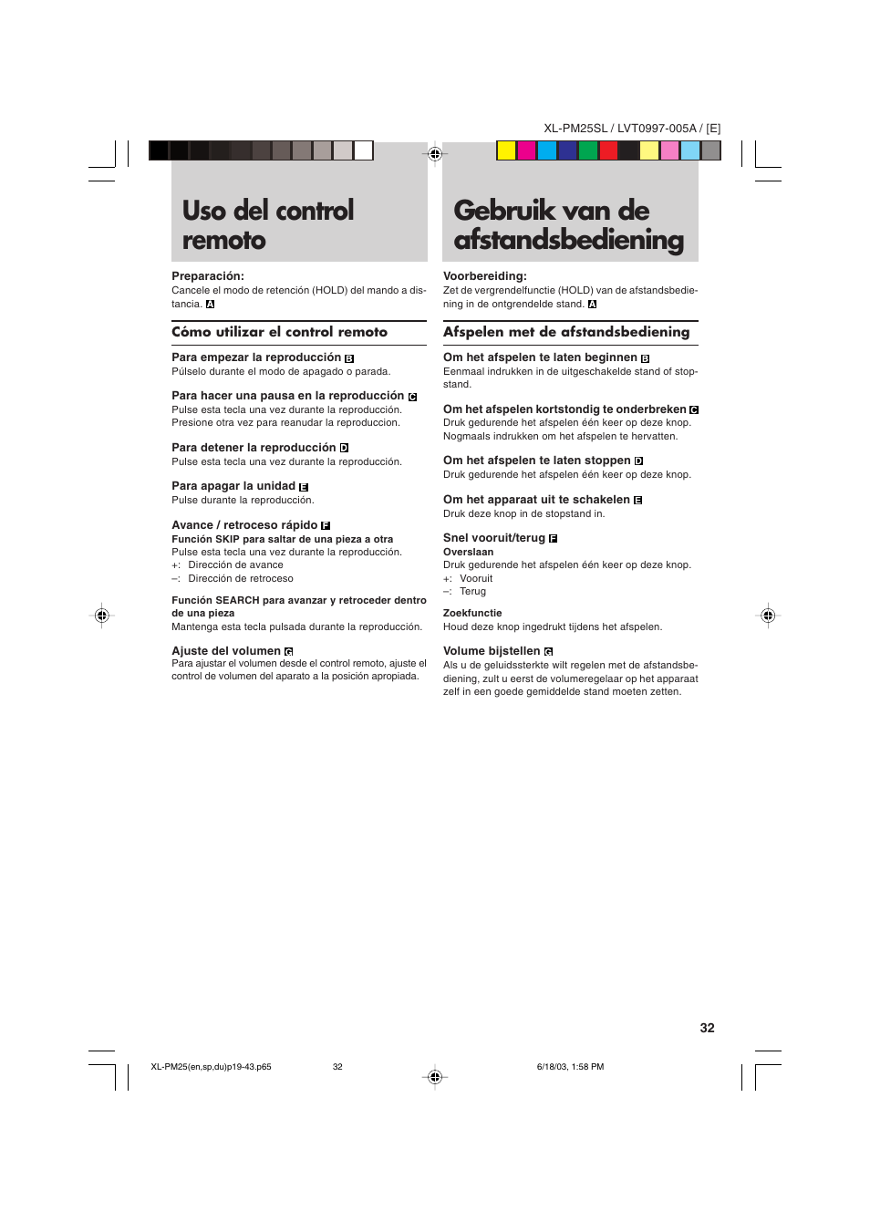 Uso del control remoto, Gebruik van de afstandsbediening | JVC XL-PM25SL User Manual | Page 35 / 48