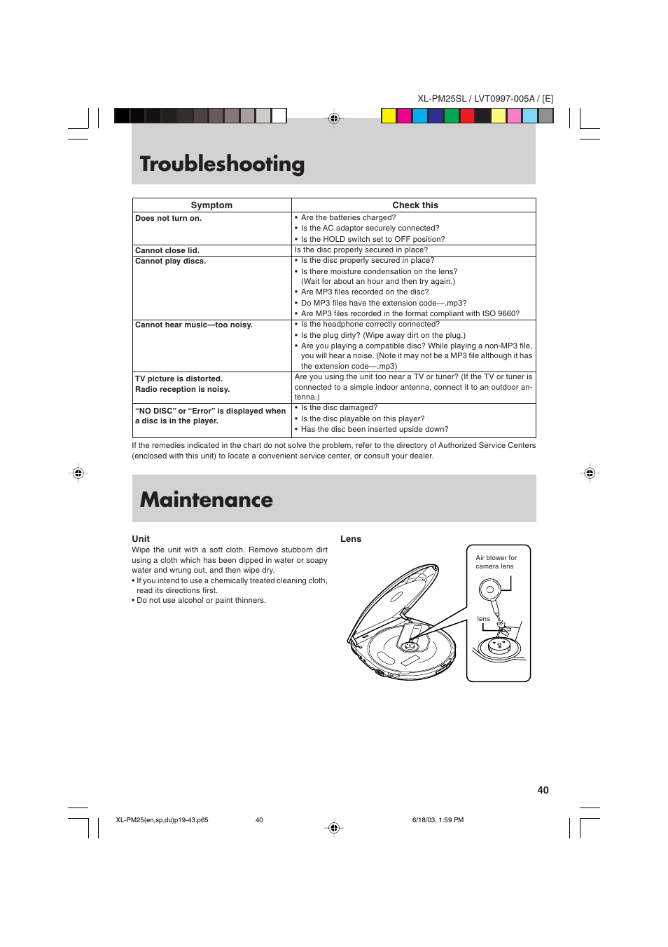 Troubleshooting maintenance | JVC XL-PM25SL User Manual | Page 43 / 48