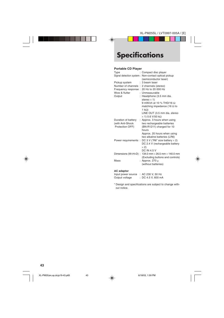 Specifications | JVC XL-PM25SL User Manual | Page 46 / 48