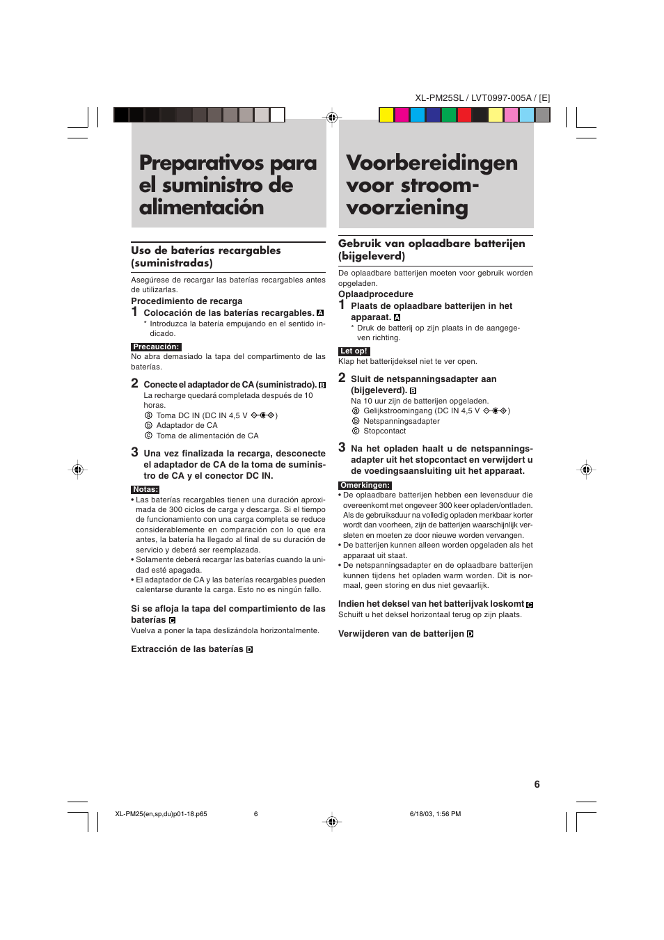 Preparativos para el suministro de alimentación, Voorbereidingen voor stroom- voorziening | JVC XL-PM25SL User Manual | Page 9 / 48
