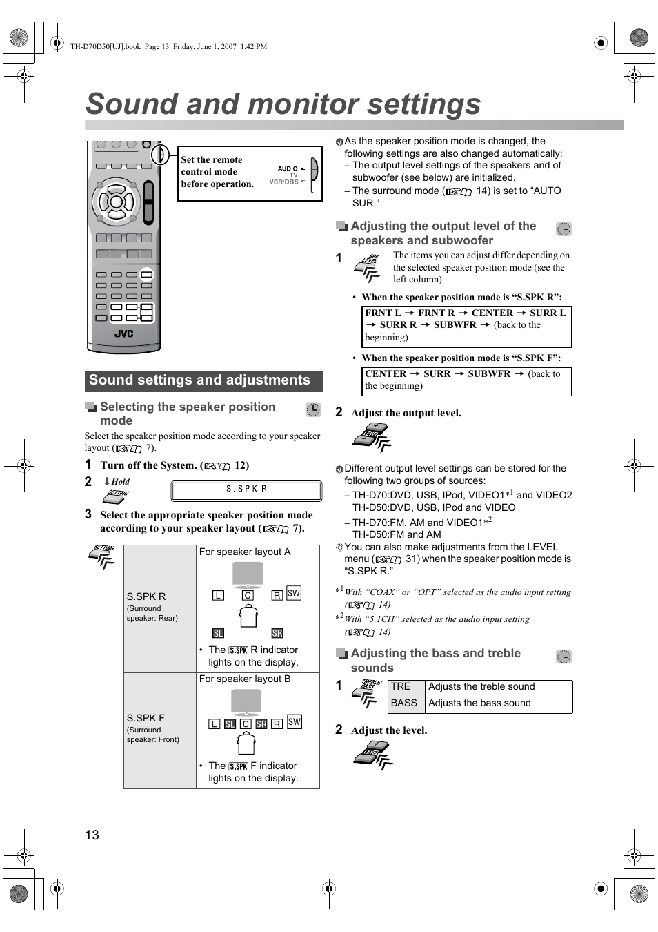 Sound and monitor settings, Sound settings and adjustments | JVC SP-THD5F User Manual | Page 16 / 43
