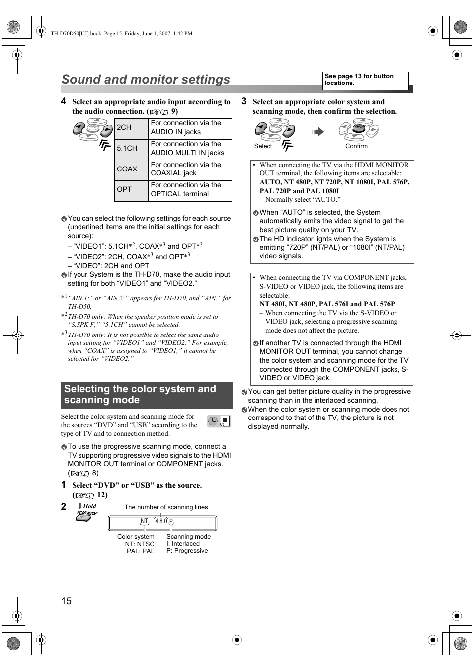 Sound and monitor settings, Selecting the color system and scanning mode | JVC SP-THD5F User Manual | Page 18 / 43