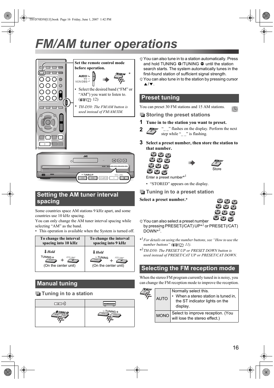 Fm/am tuner operations, Setting the am tuner interval spacing, Manual tuning | Preset tuning selecting the fm reception mode | JVC SP-THD5F User Manual | Page 19 / 43