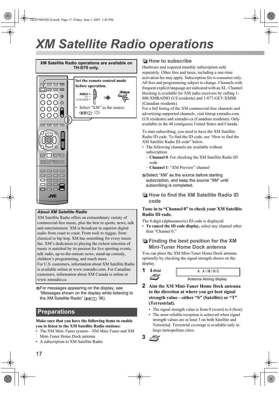 Xm satellite radio operations, Preparations | JVC SP-THD5F User Manual | Page 20 / 43