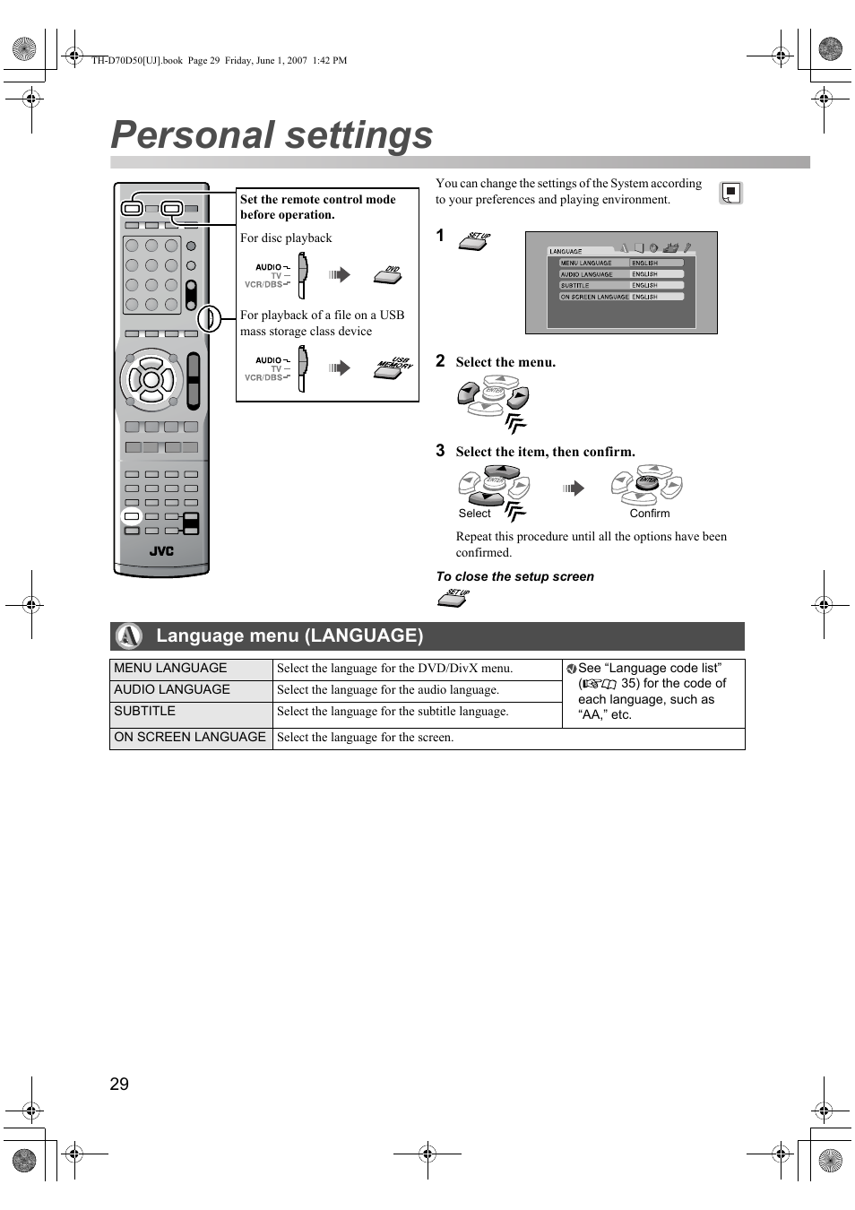 Personal settings, Language menu (language) | JVC SP-THD5F User Manual | Page 32 / 43