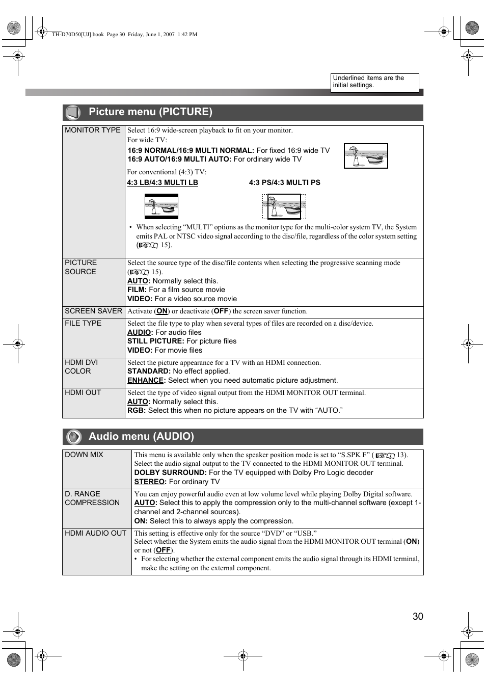 Picture menu (picture), Audio menu (audio) | JVC SP-THD5F User Manual | Page 33 / 43