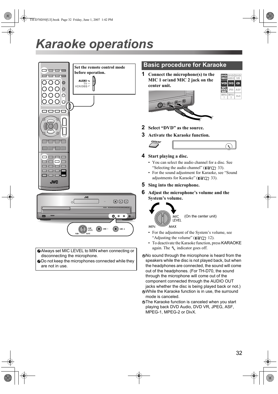 Karaoke operations, Basic procedure for karaoke | JVC SP-THD5F User Manual | Page 35 / 43