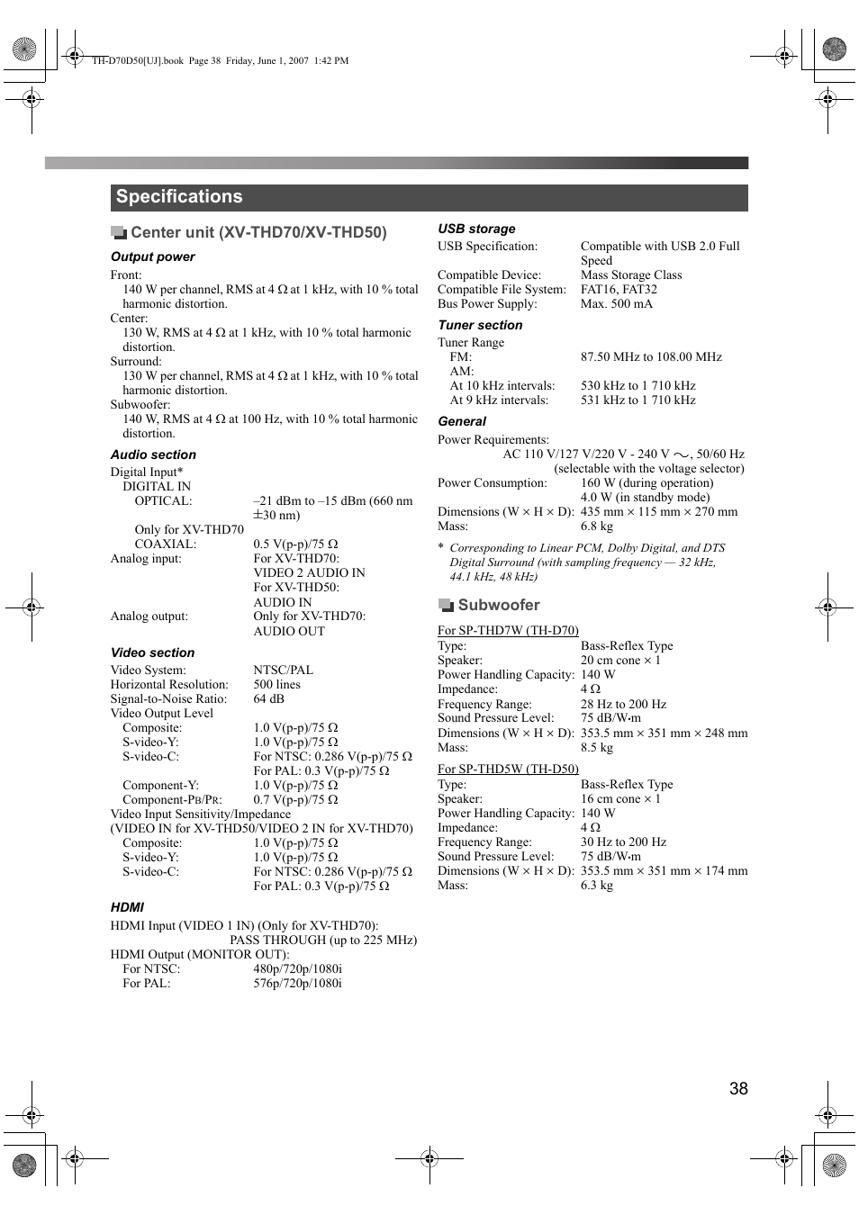 Specifications | JVC SP-THD5F User Manual | Page 41 / 43