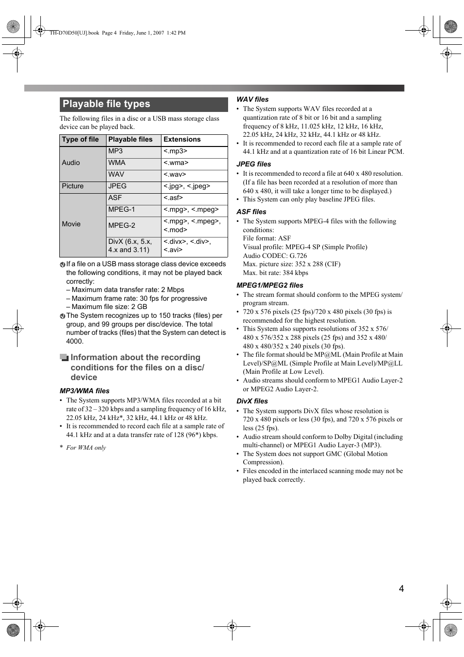 Playable file types | JVC SP-THD5F User Manual | Page 7 / 43