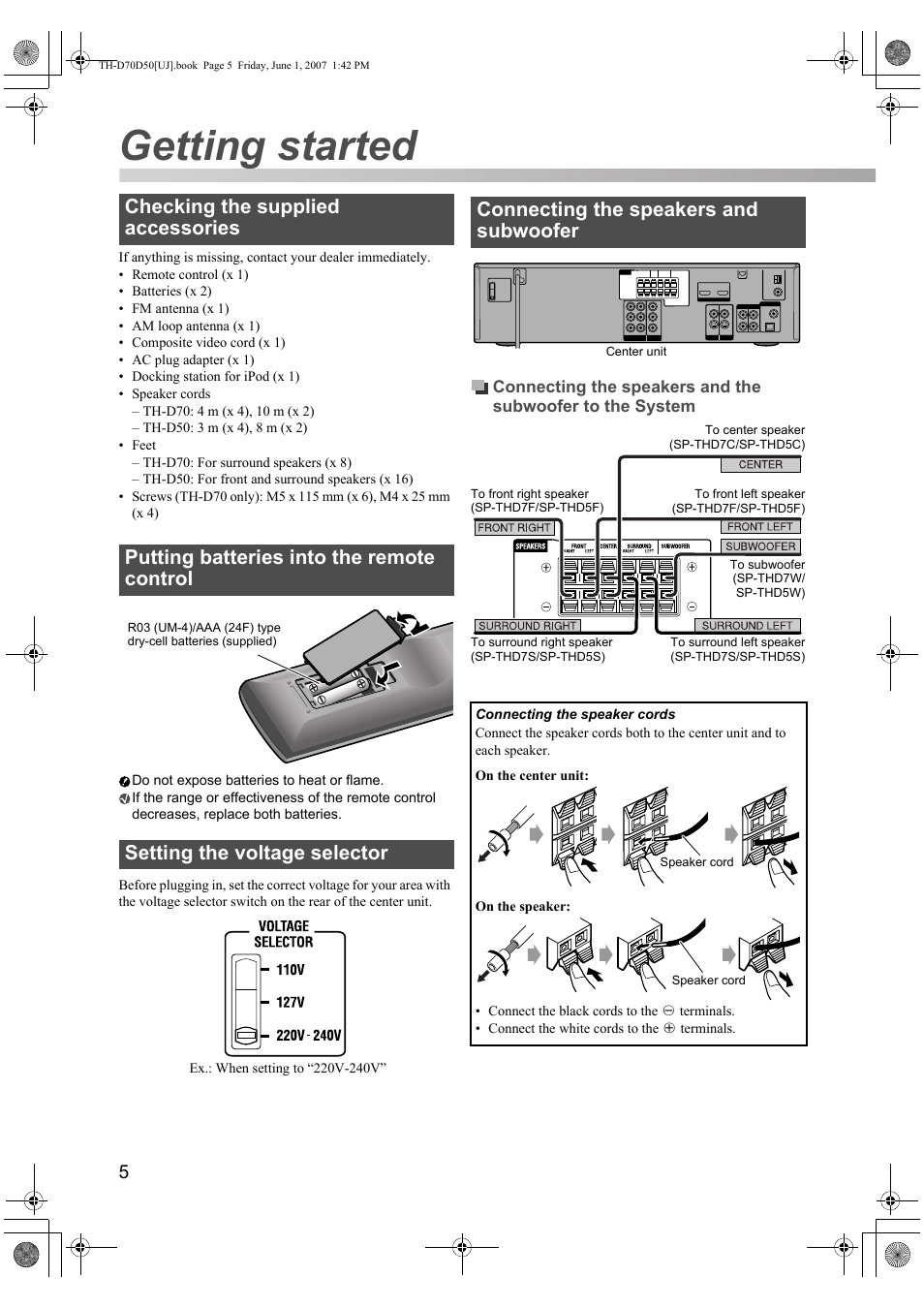 Getting started, Connecting the speakers and subwoofer | JVC SP-THD5F User Manual | Page 8 / 43