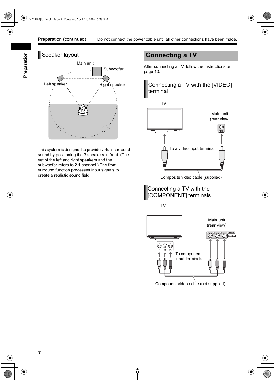 Connecting a tv, Speaker layout, Connecting a tv with the [video] terminal | Connecting a tv with the [component] terminals | JVC CA-NXF30 User Manual | Page 10 / 72