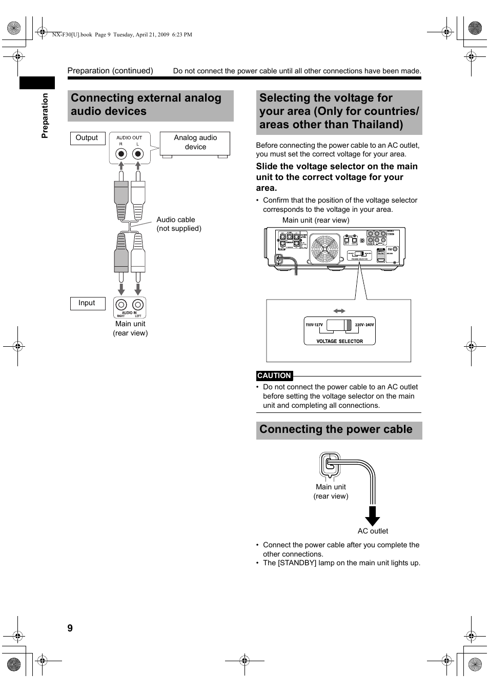 Connecting external analog audio devices, Connecting the power cable | JVC CA-NXF30 User Manual | Page 12 / 72
