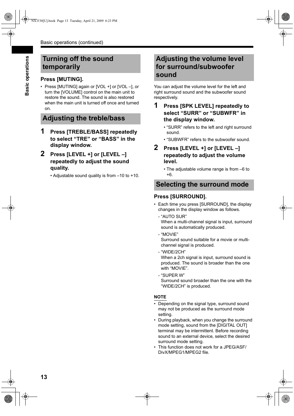 Turning off the sound temporarily, Adjusting the treble/bass, Selecting the surround mode | JVC CA-NXF30 User Manual | Page 16 / 72