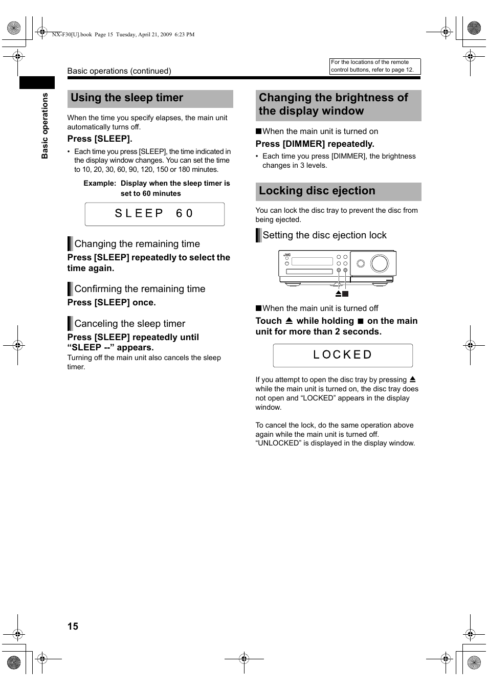 Using the sleep timer, Changing the brightness of the display window, Locking disc ejection | Setting the disc ejection lock | JVC CA-NXF30 User Manual | Page 18 / 72