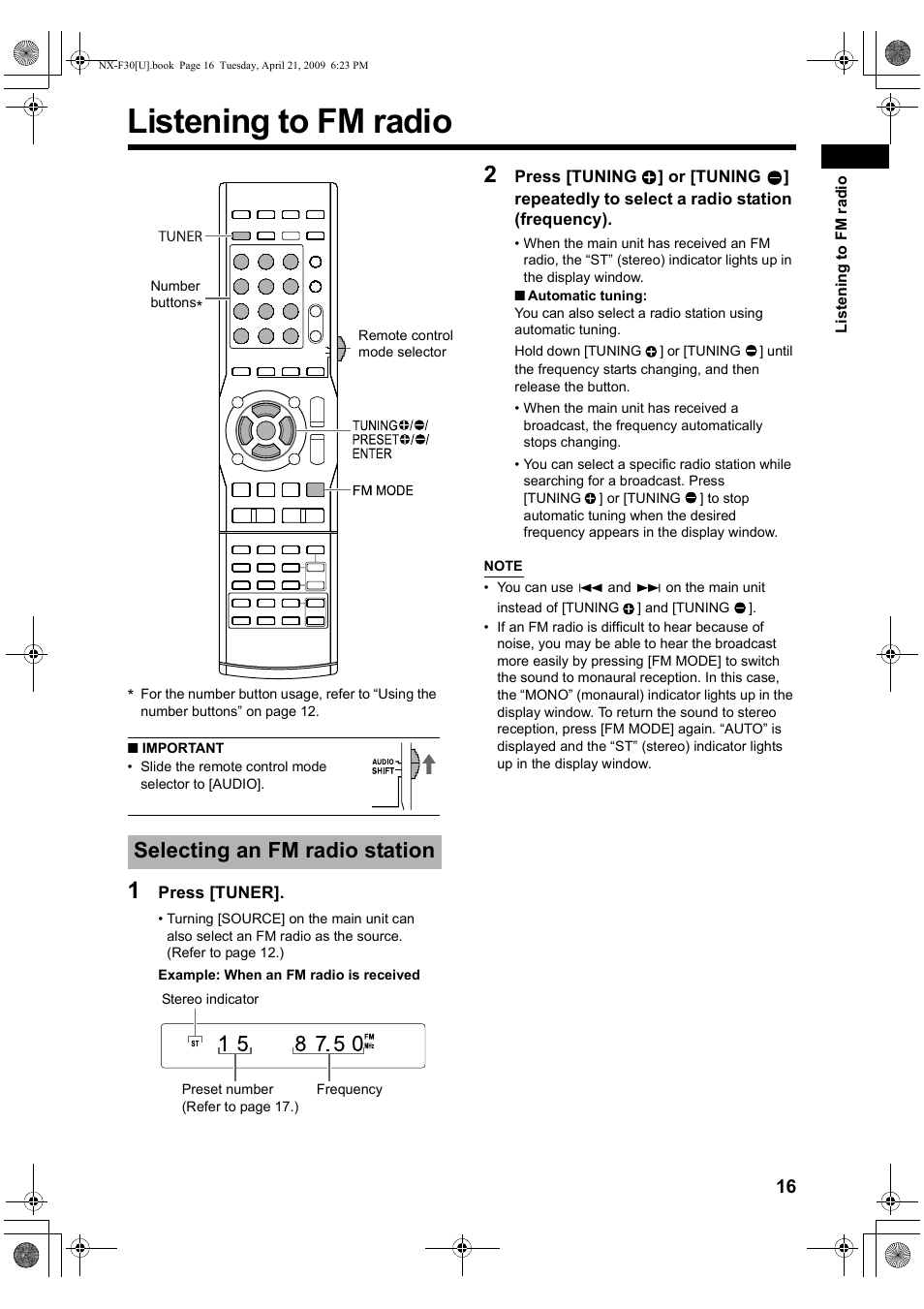 Listening to fm radio, Selecting an fm radio station | JVC CA-NXF30 User Manual | Page 19 / 72