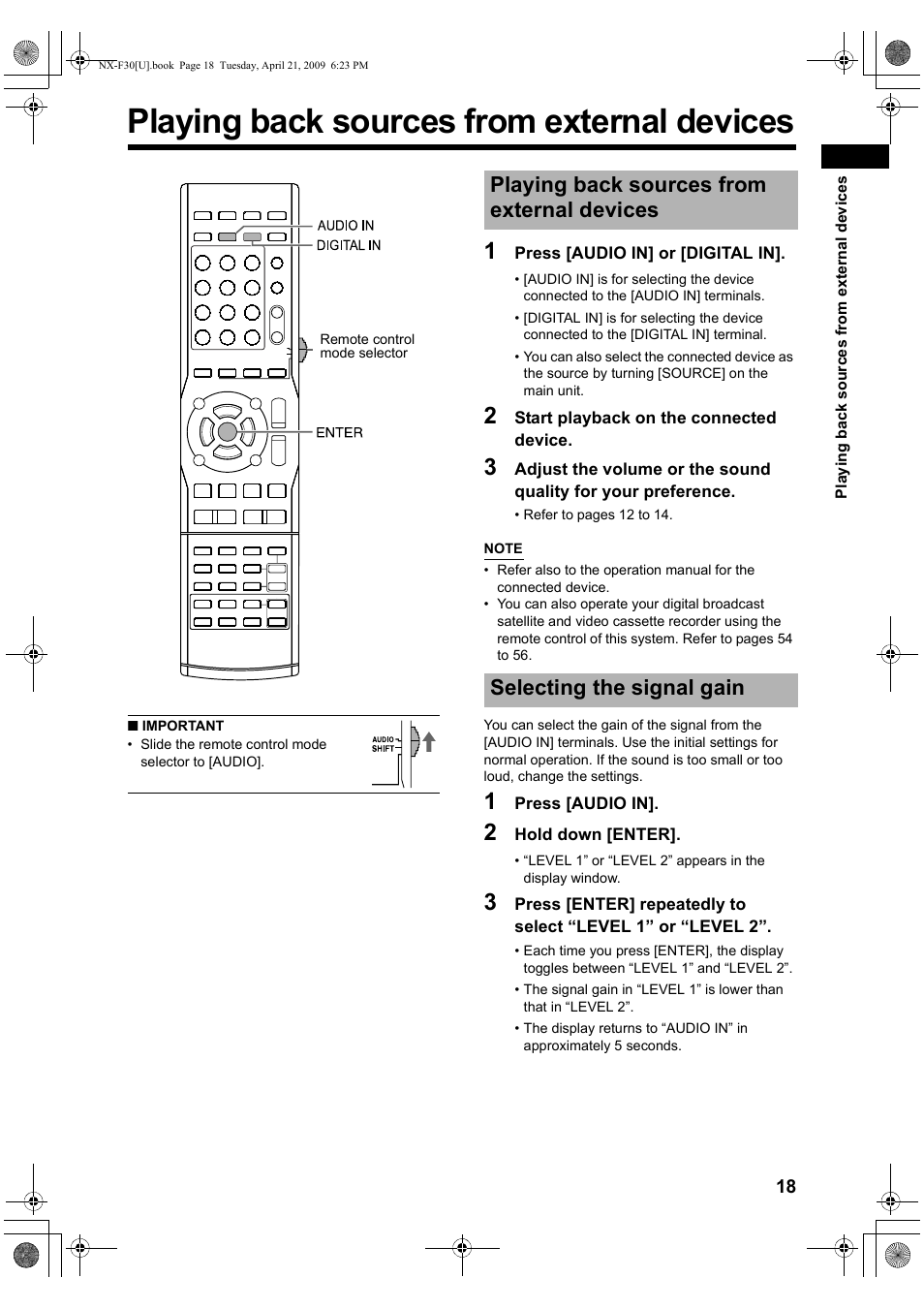 Playing back sources from external devices, Selecting the signal gain | JVC CA-NXF30 User Manual | Page 21 / 72