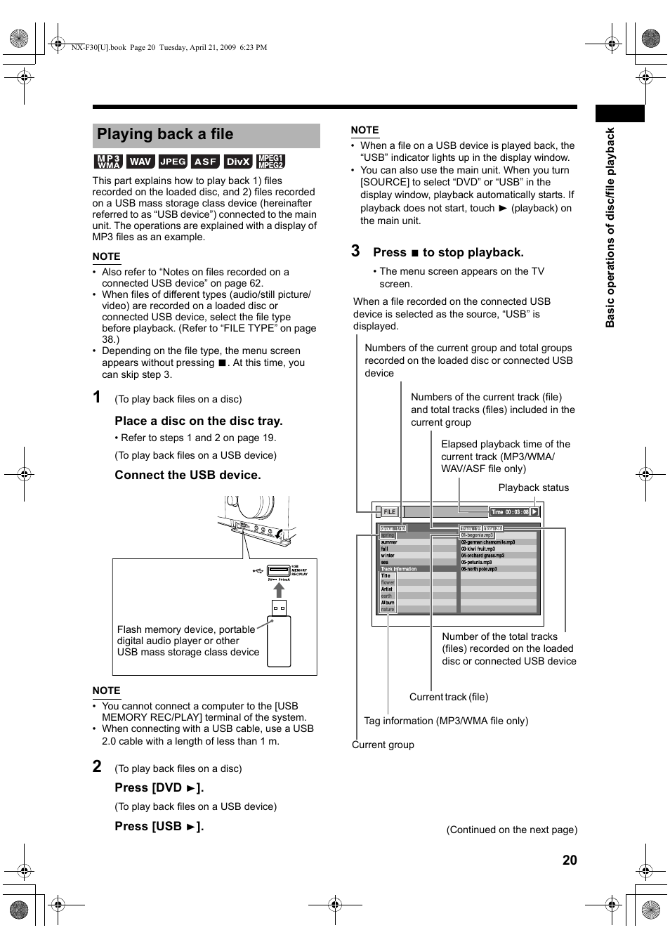 Playing back a file | JVC CA-NXF30 User Manual | Page 23 / 72