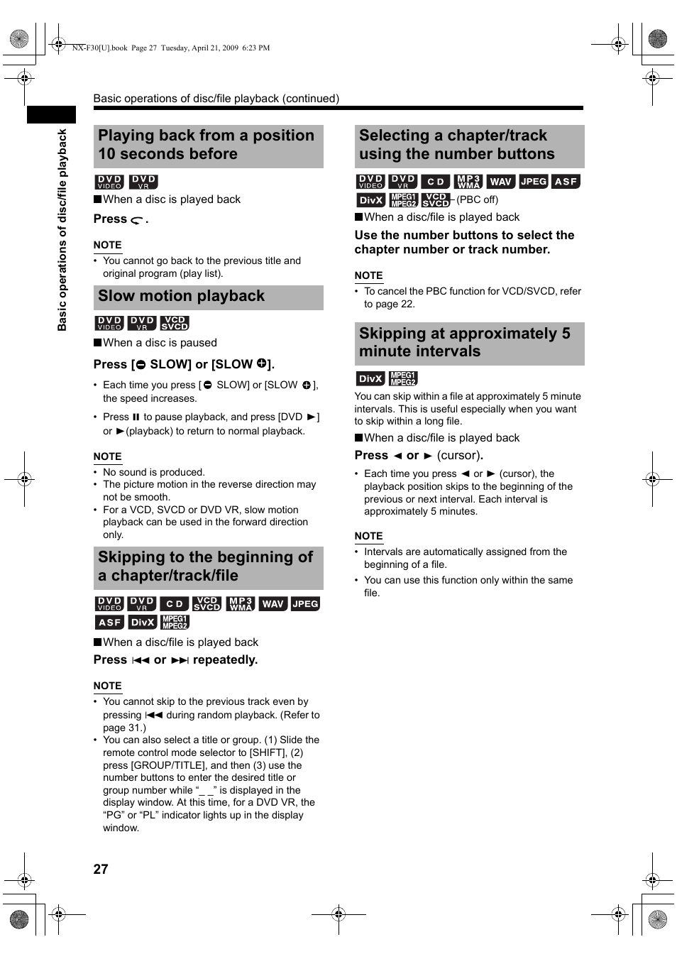 Playing back from a position 10 seconds before, Slow motion playback, Skipping to the beginning of a chapter/track/file | Selecting a chapter/track using the number buttons, Skipping at approximately 5 minute intervals | JVC CA-NXF30 User Manual | Page 30 / 72