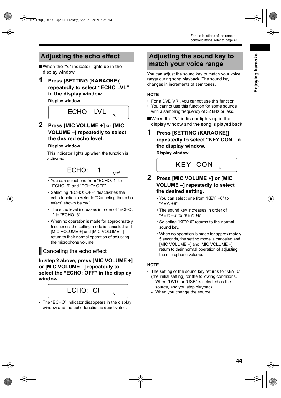Adjusting the echo effect, Adjusting the sound key to match your voice range | JVC CA-NXF30 User Manual | Page 47 / 72