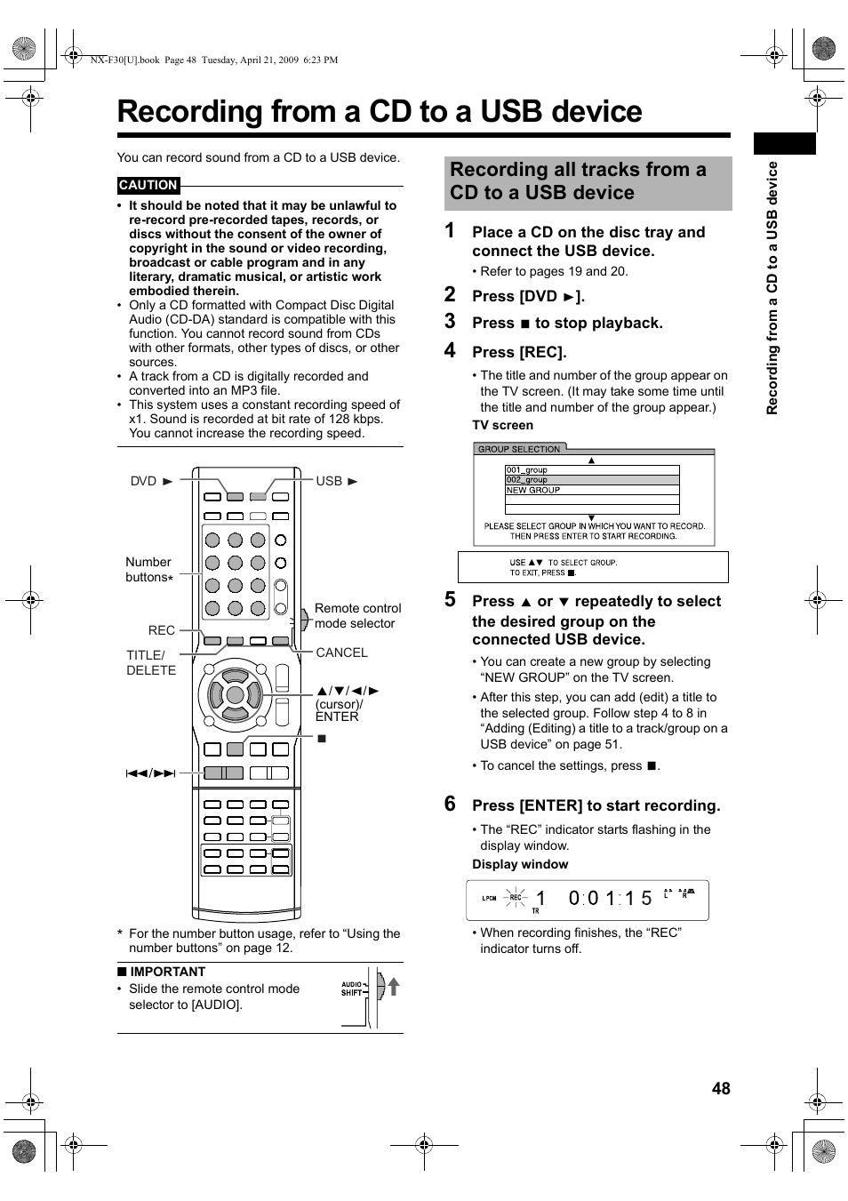 Recording from a cd to a usb device, Recording all tracks from a cd to a usb device | JVC CA-NXF30 User Manual | Page 51 / 72