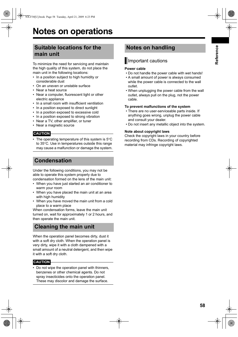 Reference, Notes on operations, Suitable locations for the main unit | Condensation, Cleaning the main unit, Notes on handling, Important cautions | JVC CA-NXF30 User Manual | Page 61 / 72