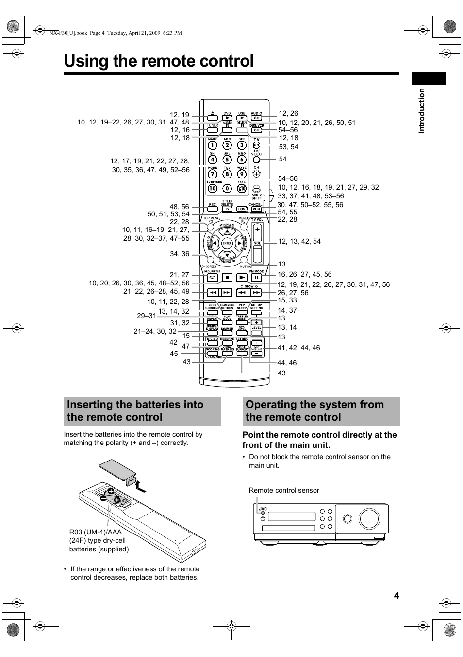 Using the remote control, Inserting the batteries into the remote control, Operating the system from the remote control | JVC CA-NXF30 User Manual | Page 7 / 72