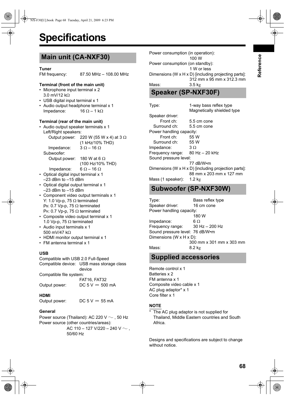 Specifications, Main unit (ca-nxf30), Speaker (sp-nxf30f) | Subwoofer (sp-nxf30w), Supplied accessories | JVC CA-NXF30 User Manual | Page 71 / 72