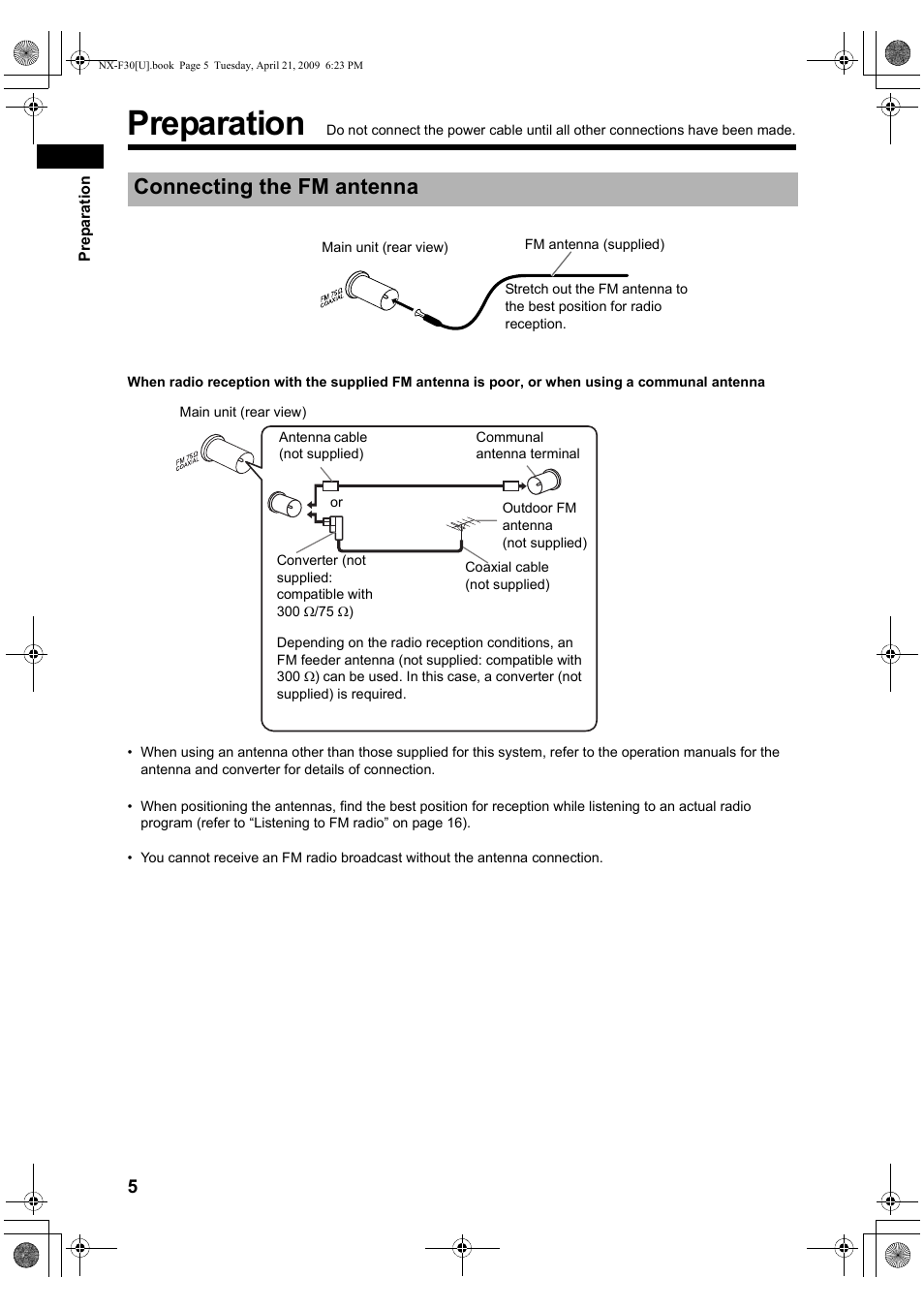 Preparation, Connecting the fm antenna | JVC CA-NXF30 User Manual | Page 8 / 72