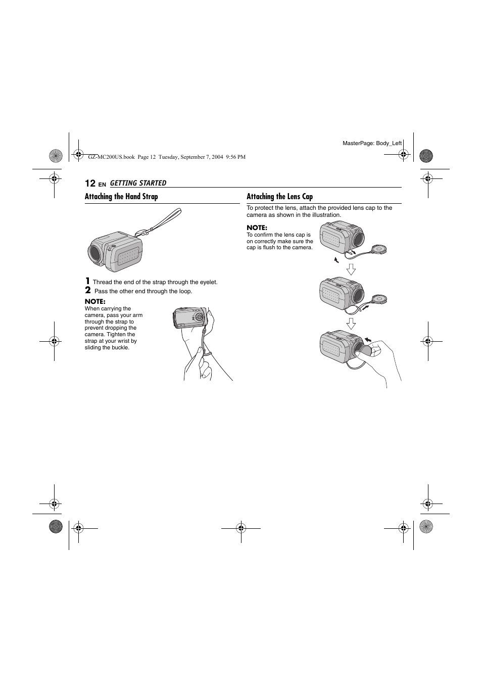 Attaching the hand strap, Attaching the lens cap, Pg. 12) | 12 f | JVC GZ-MC200  EN User Manual | Page 12 / 44