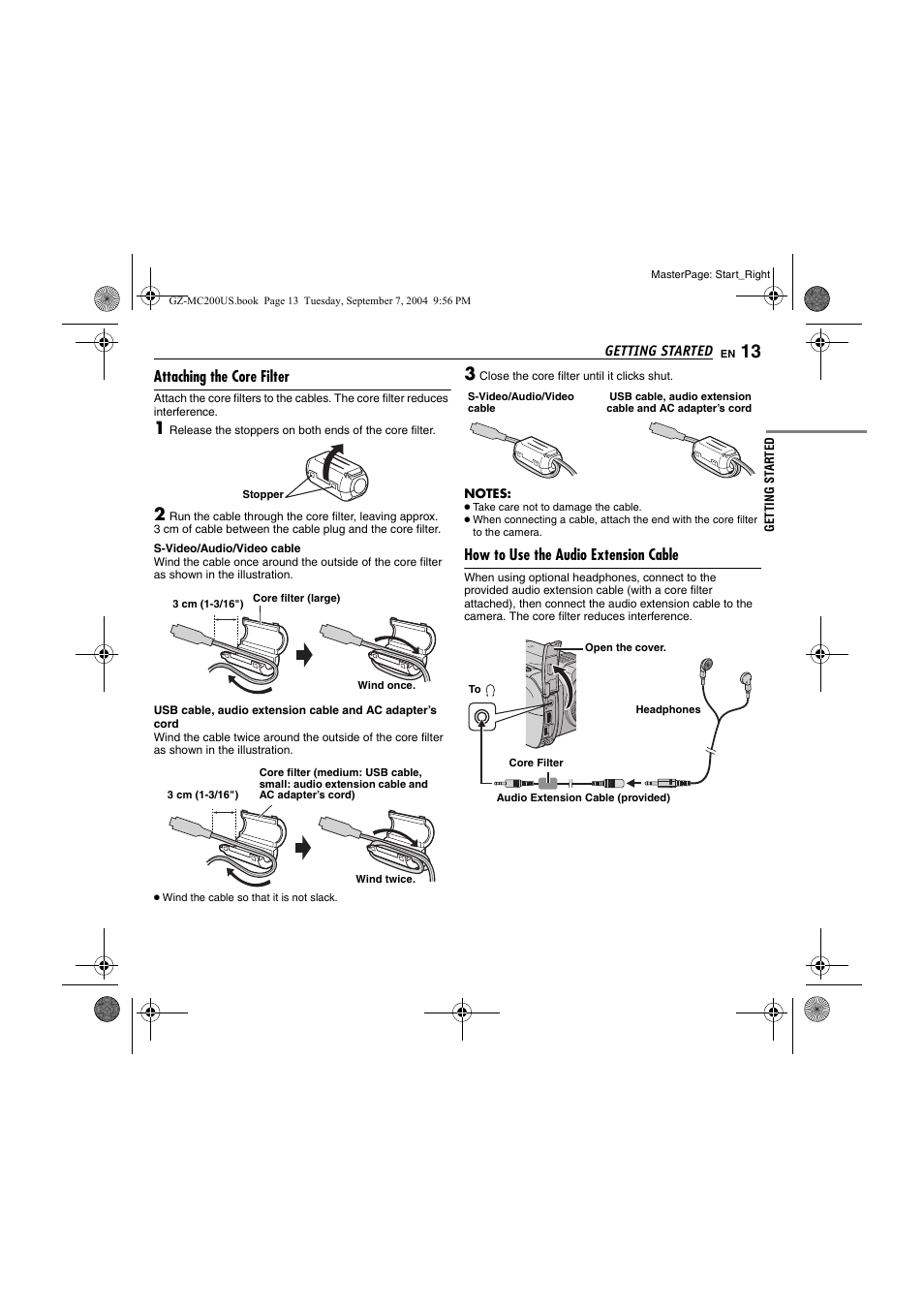 Attaching the core filter, How to use the audio extension cable, Pg. 13) | E 13 | JVC GZ-MC200  EN User Manual | Page 13 / 44