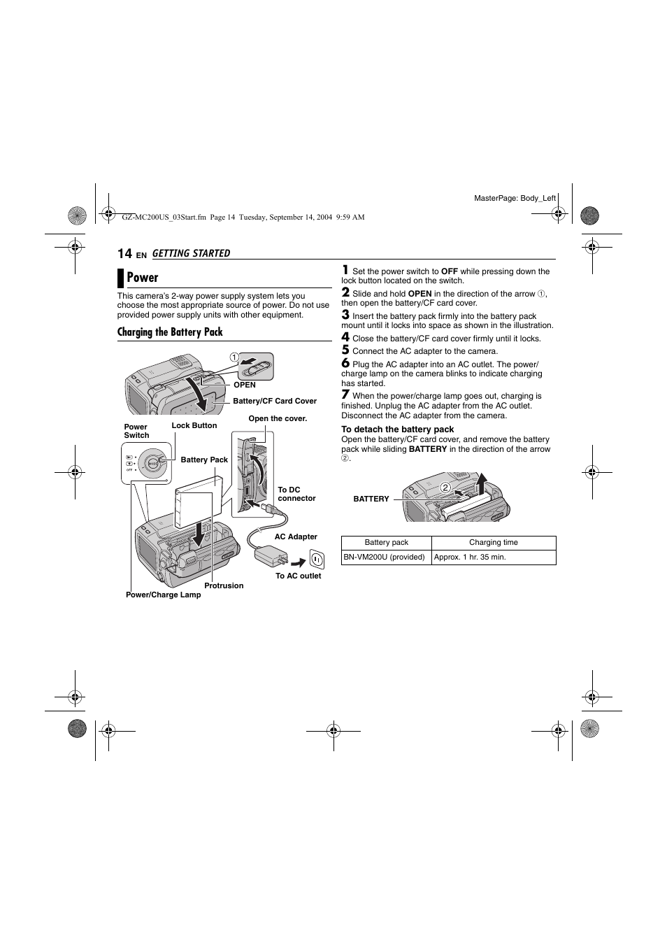 Power, Charging the battery pack, Pg. 14, 1 | Pg. 14, 19, Pg. 14, 16) | JVC GZ-MC200  EN User Manual | Page 14 / 44