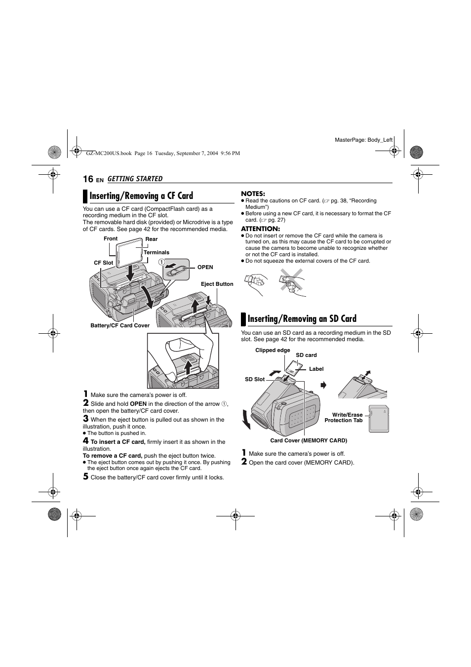 Inserting/removing a cf card, Inserting/removing an sd card, Pg. 16) | JVC GZ-MC200  EN User Manual | Page 16 / 44