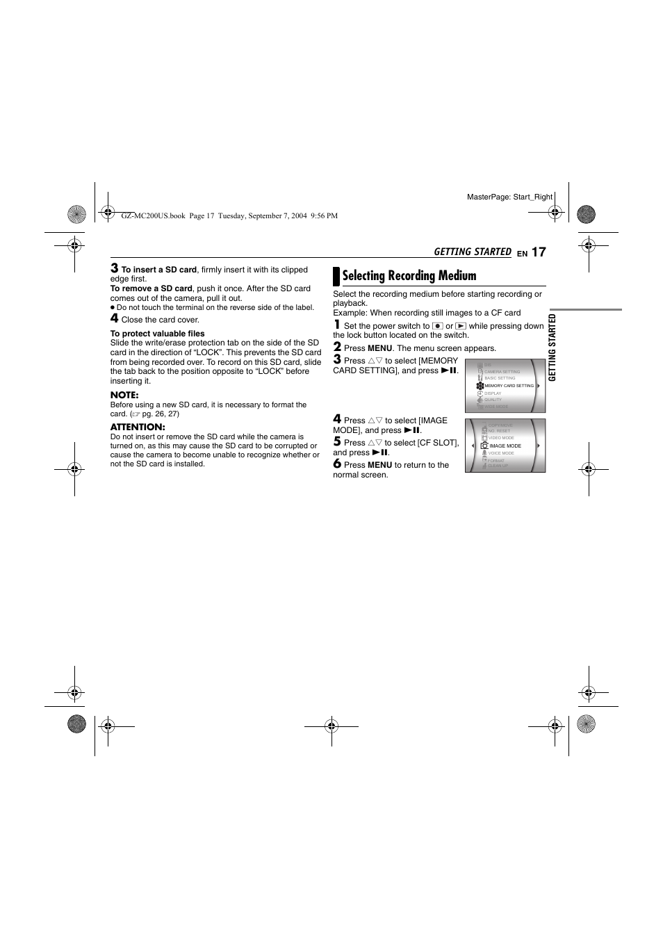 Selecting recording medium, Pg. 17, Pg. 17, 27 | Getting started | JVC GZ-MC200  EN User Manual | Page 17 / 44