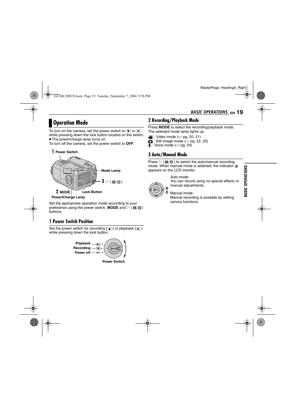Basic operations, Operation mode, 1 power switch position | 2 recording/playback mode, 3 auto/manual mode, Pg. 19), N [mode | JVC GZ-MC200  EN User Manual | Page 19 / 44