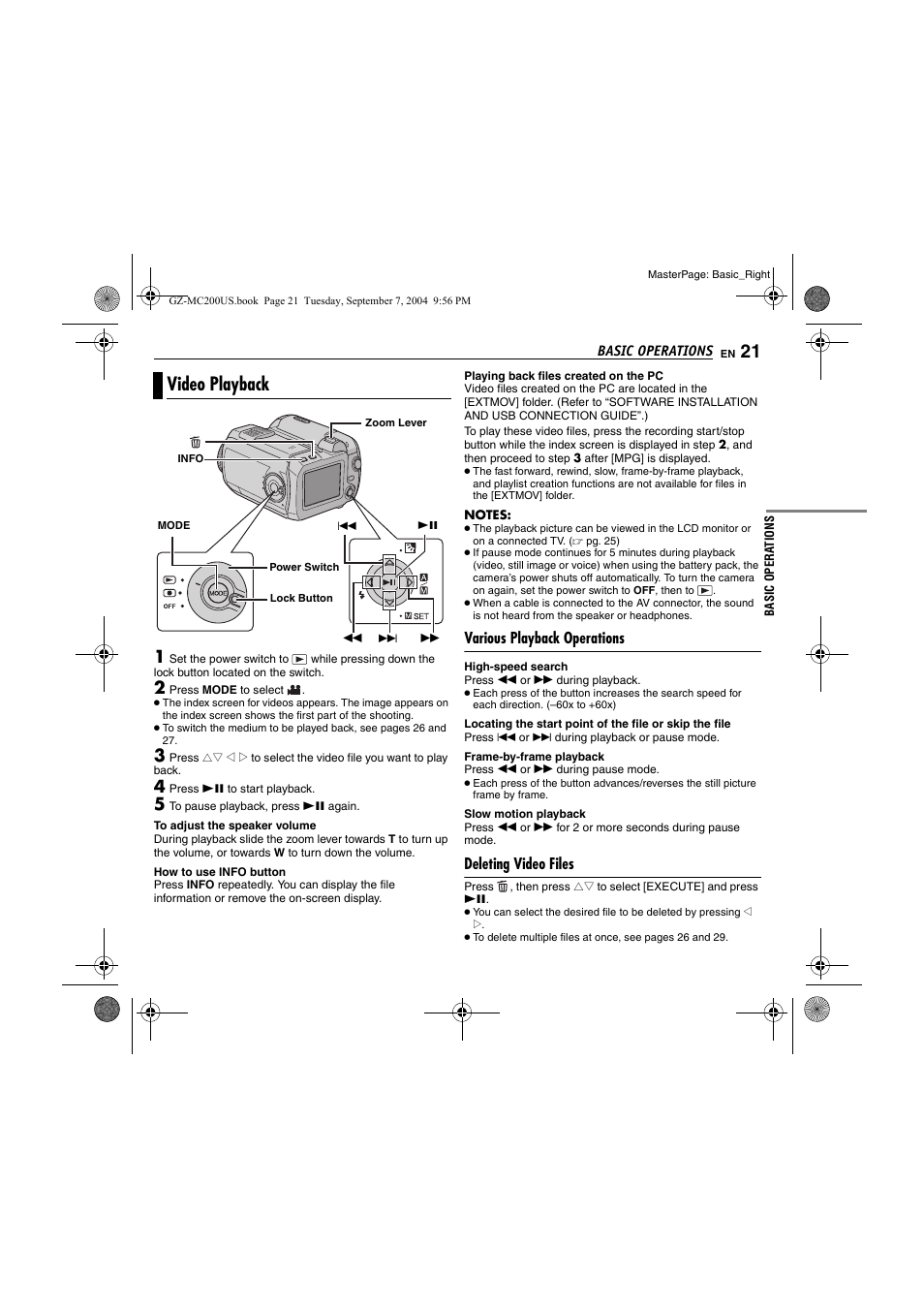 Video playback, Various playback operations, Deleting video files | Pg. 21, 2, Pg. 21), Playing back files created on the pc | JVC GZ-MC200  EN User Manual | Page 21 / 44