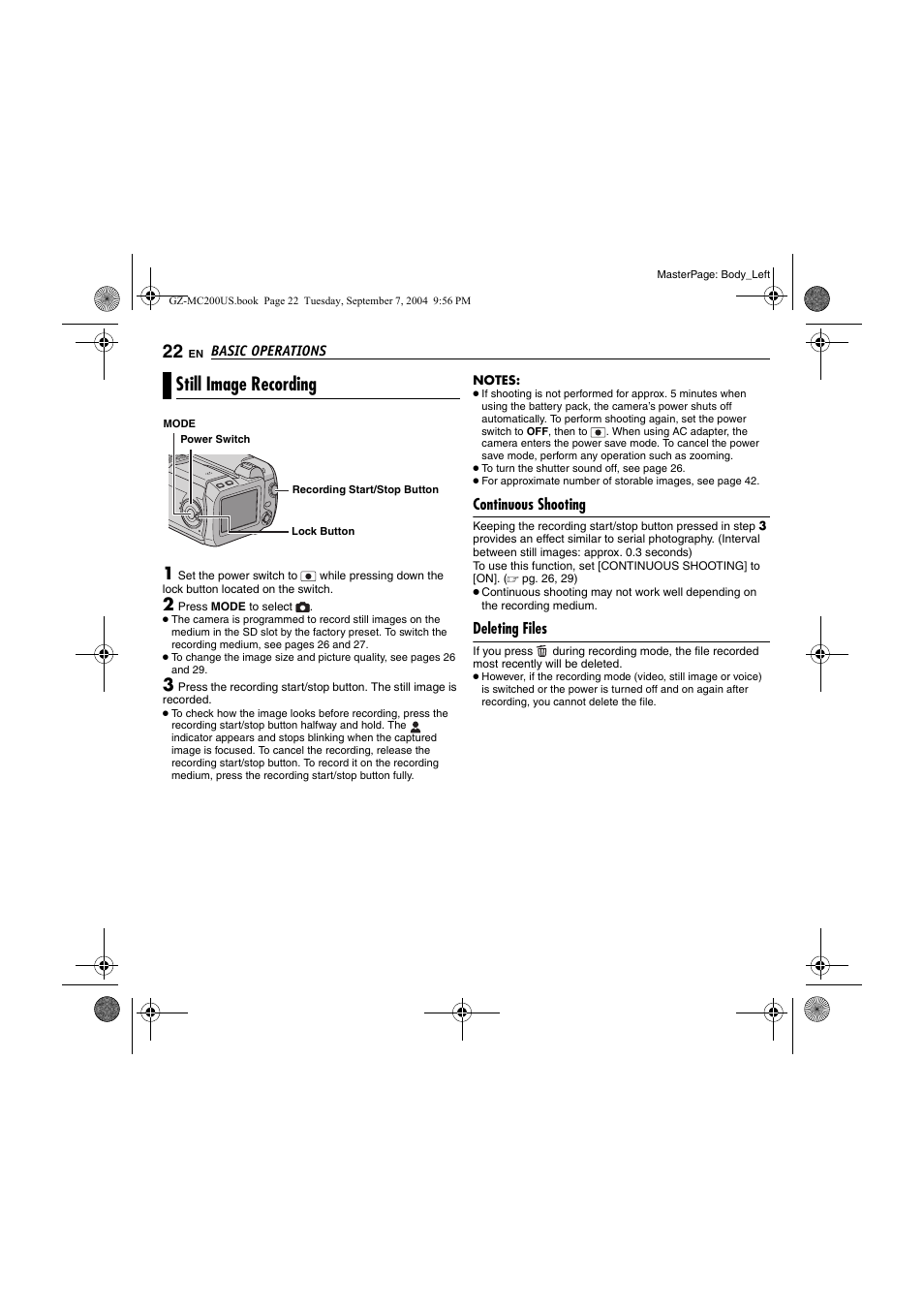 Still image recording, Continuous shooting, Deleting files | Pg. 22), Pg. 22 | JVC GZ-MC200  EN User Manual | Page 22 / 44