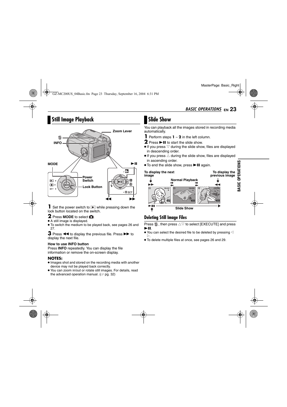 Still image playback, Slide show, Deleting still image files | Pg. 23) | JVC GZ-MC200  EN User Manual | Page 23 / 44