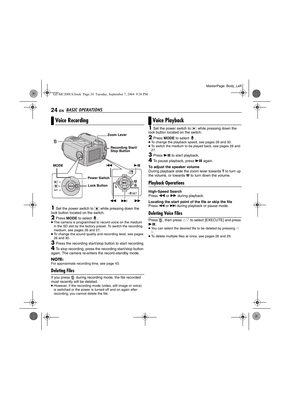 Voice recording, Deleting files, Voice playback | Playback operations, Deleting voice files, Pg. 24) | JVC GZ-MC200  EN User Manual | Page 24 / 44