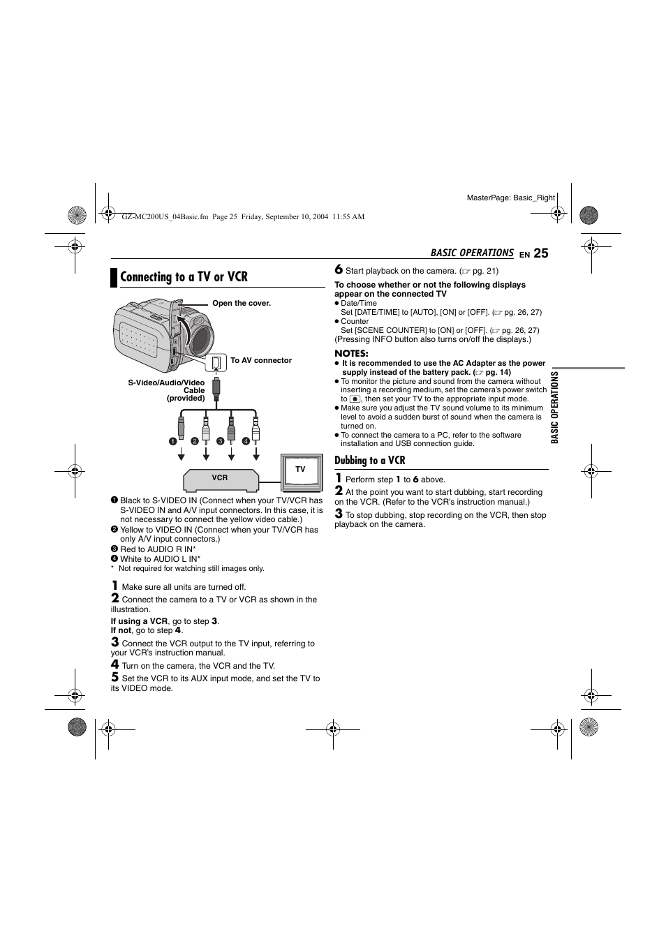 Connecting to a tv or vcr, Dubbing to a vcr, Pg. 25) | R dc input co | JVC GZ-MC200  EN User Manual | Page 25 / 44