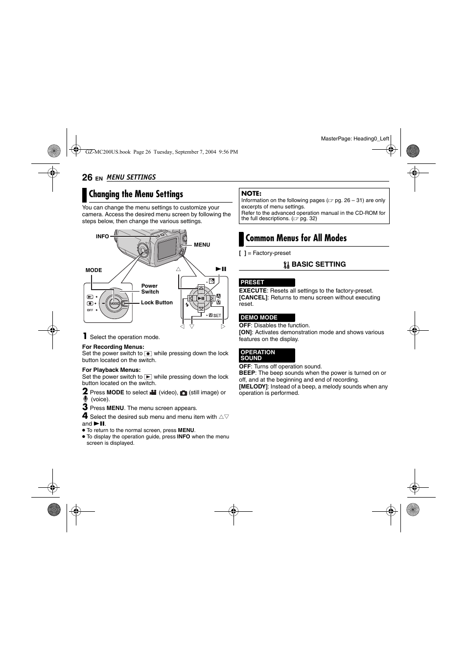 Menu settings, Changing the menu settings, Common menus for all modes | Pg. 26), 26 and 28, E 26, Ges 26, Ages 26 and, Pg. 26, 26 an | JVC GZ-MC200  EN User Manual | Page 26 / 44