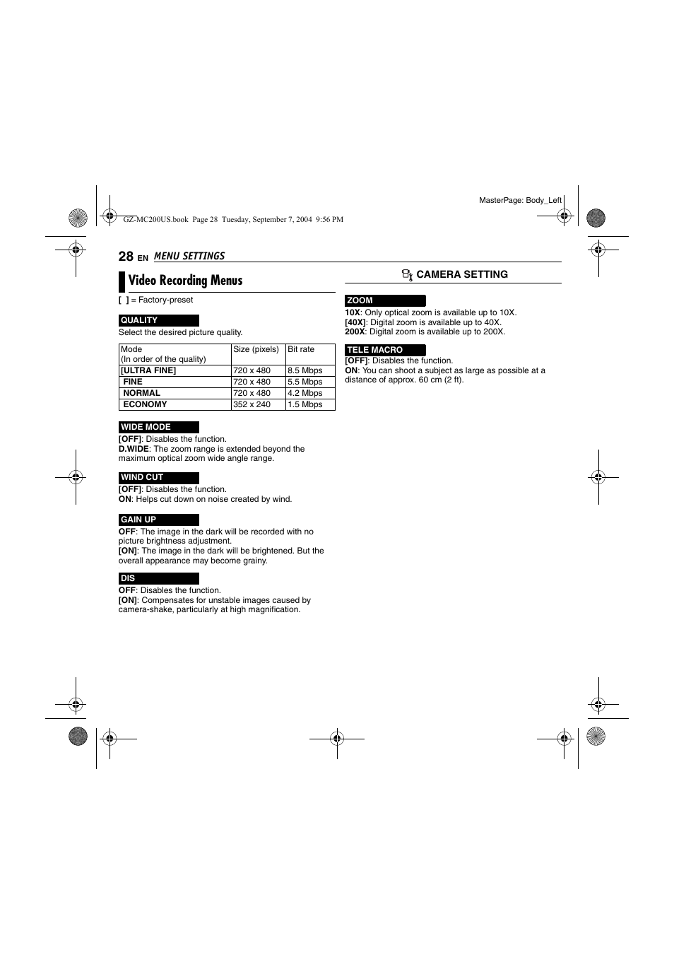 Video recording menus, Pg. 28) | JVC GZ-MC200  EN User Manual | Page 28 / 44