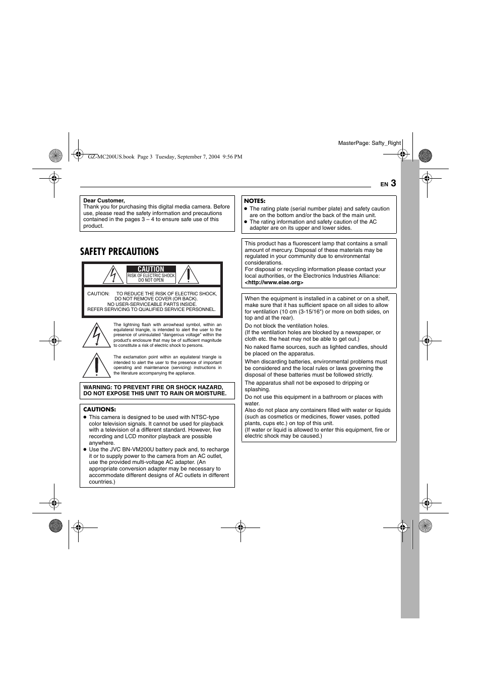 Safety precautions | JVC GZ-MC200  EN User Manual | Page 3 / 44