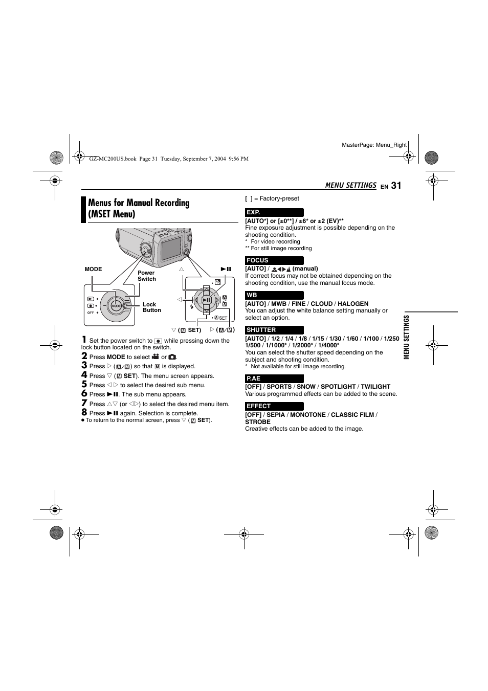 Menus for manual recording (mset menu), Pg. 31) | JVC GZ-MC200  EN User Manual | Page 31 / 44