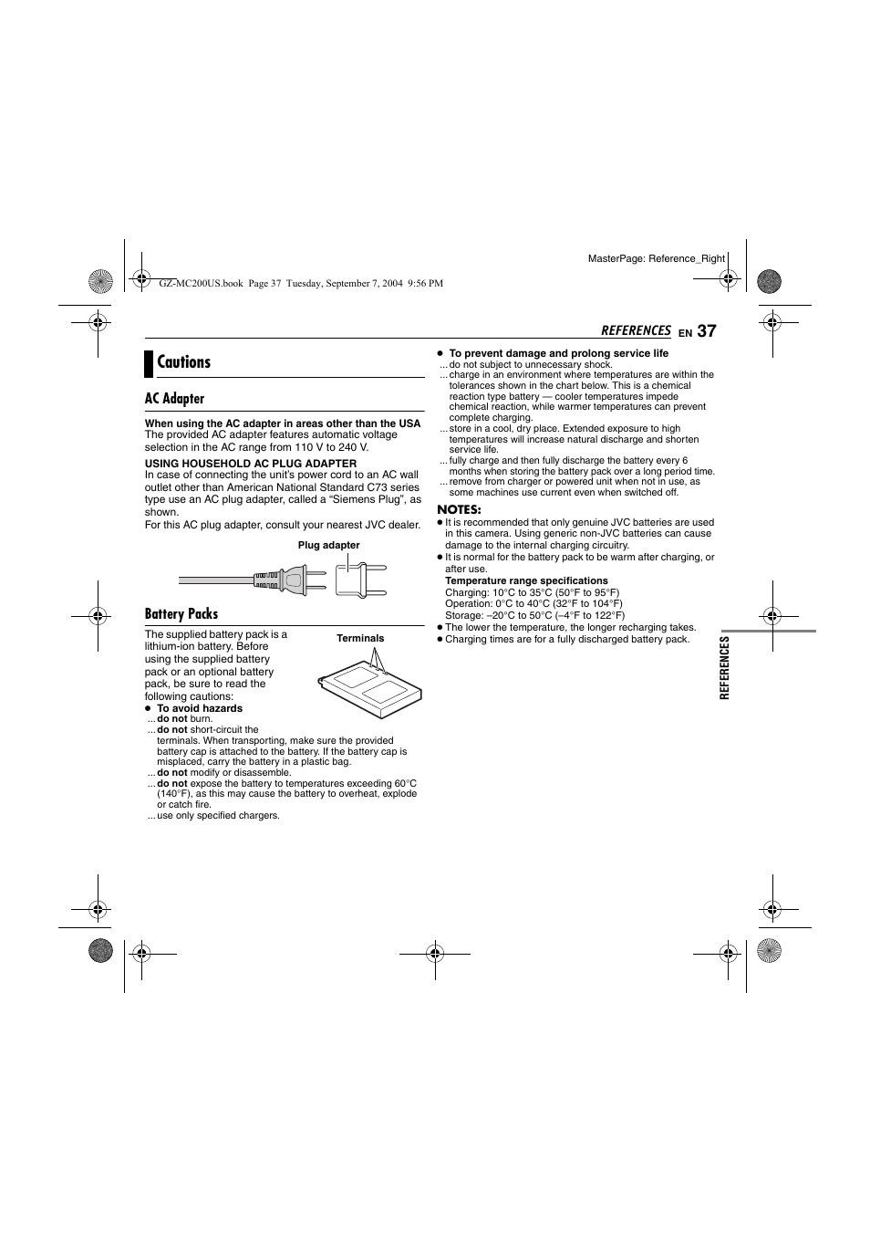 Cautions, Ac adapter, Battery packs | Pg. 37) | JVC GZ-MC200  EN User Manual | Page 37 / 44
