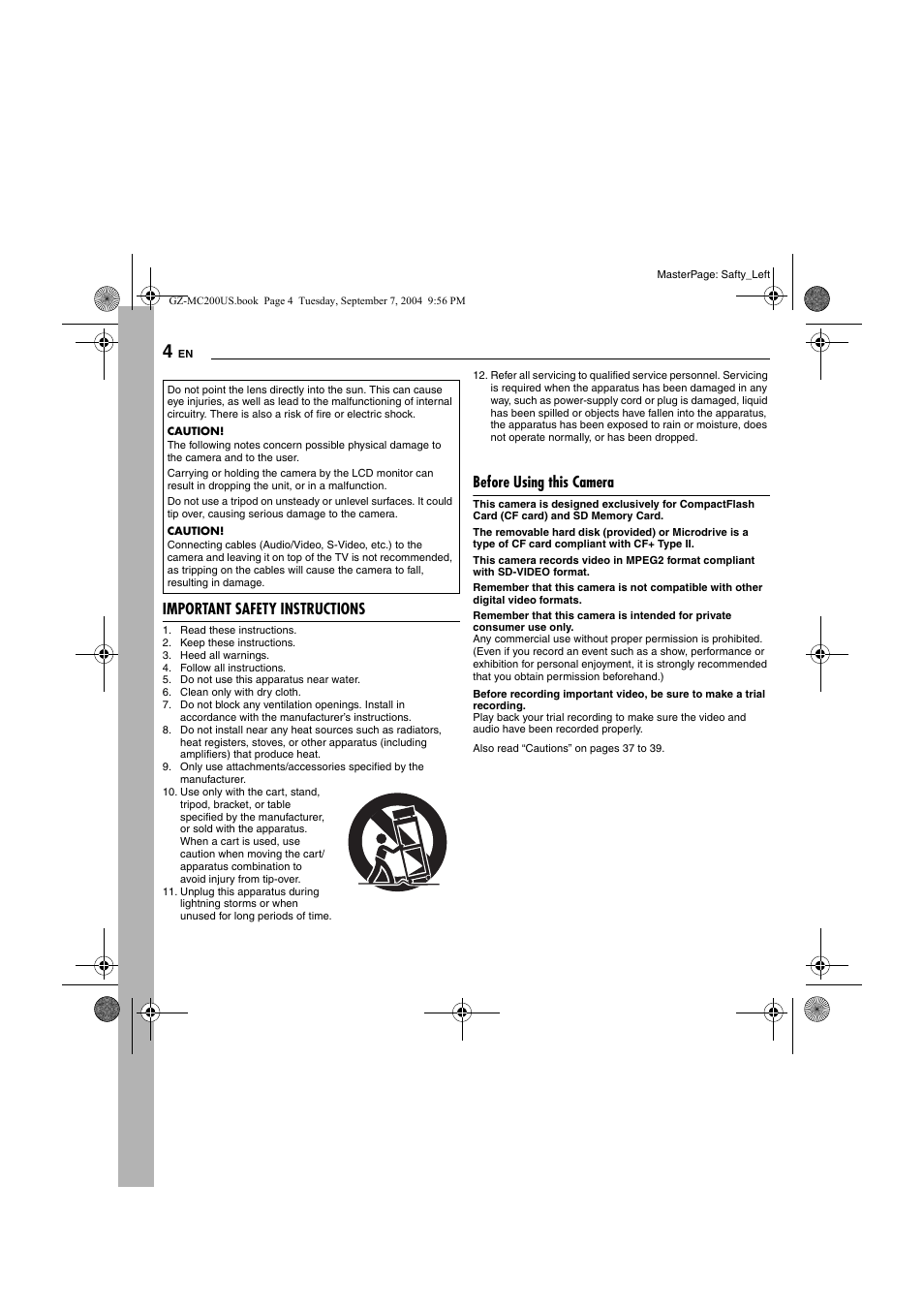 Important safety instructions, Before using this camera | JVC GZ-MC200  EN User Manual | Page 4 / 44