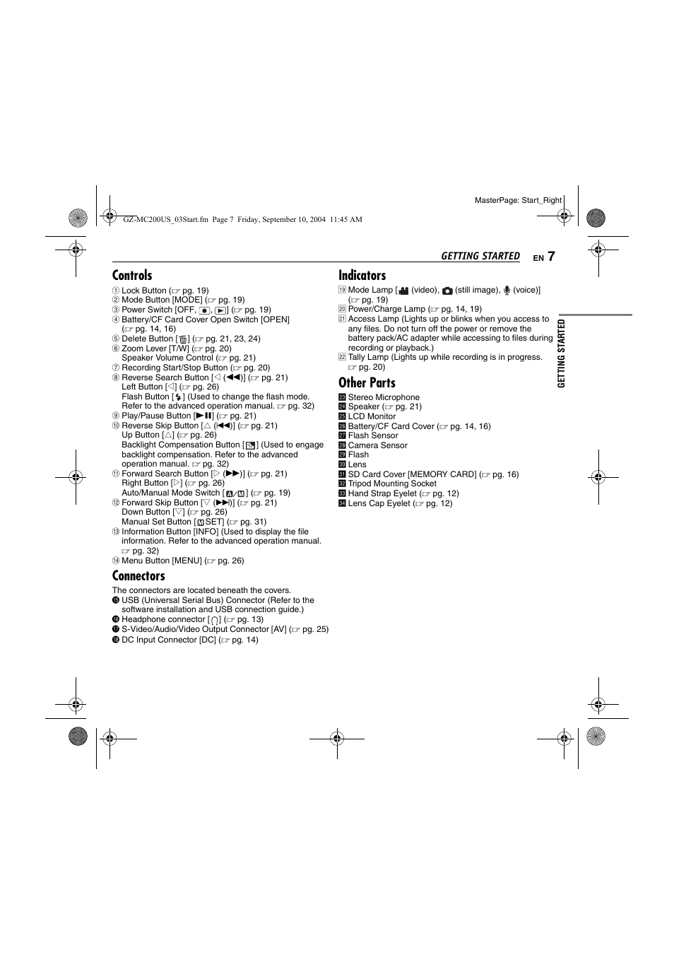 Controls, Connectors, Indicators | Other parts | JVC GZ-MC200  EN User Manual | Page 7 / 44