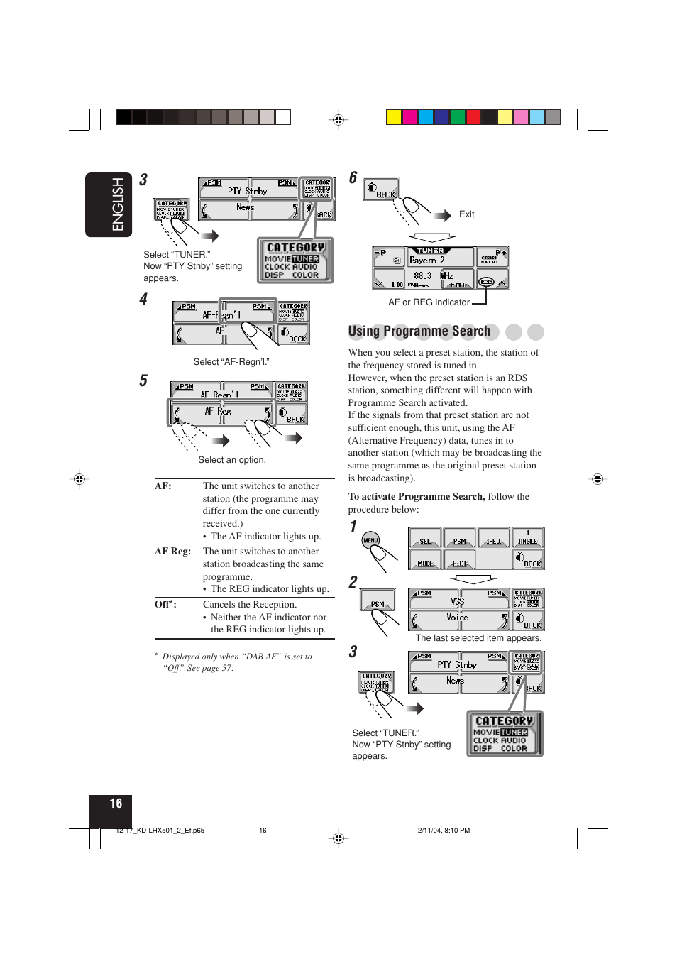 English, Using programme search | JVC CD-RECEIVER KD-LHX501 User Manual | Page 16 / 65