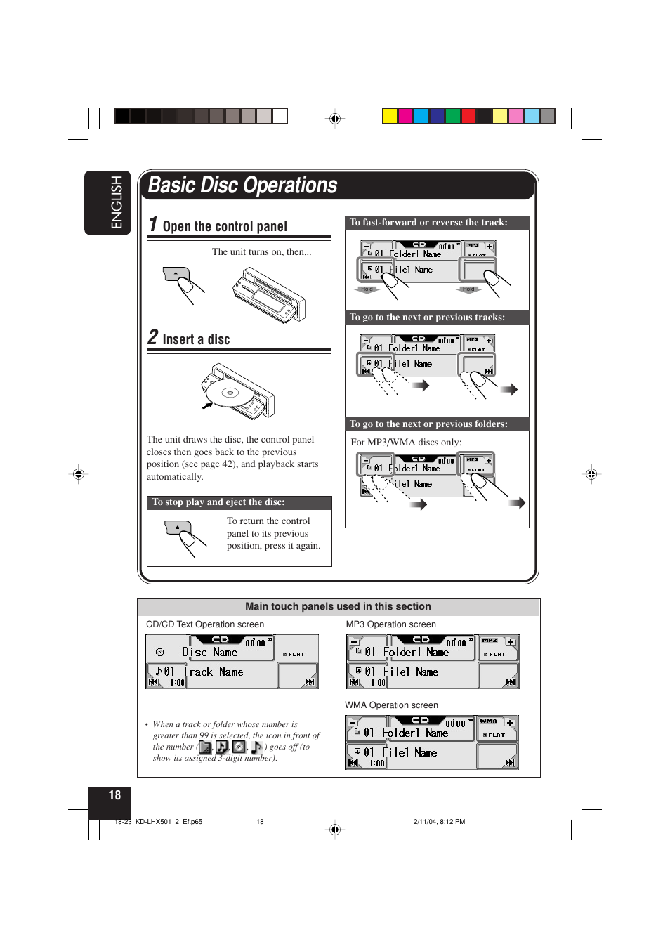 Basic disc operations, English, Open the control panel | Insert a disc | JVC CD-RECEIVER KD-LHX501 User Manual | Page 18 / 65