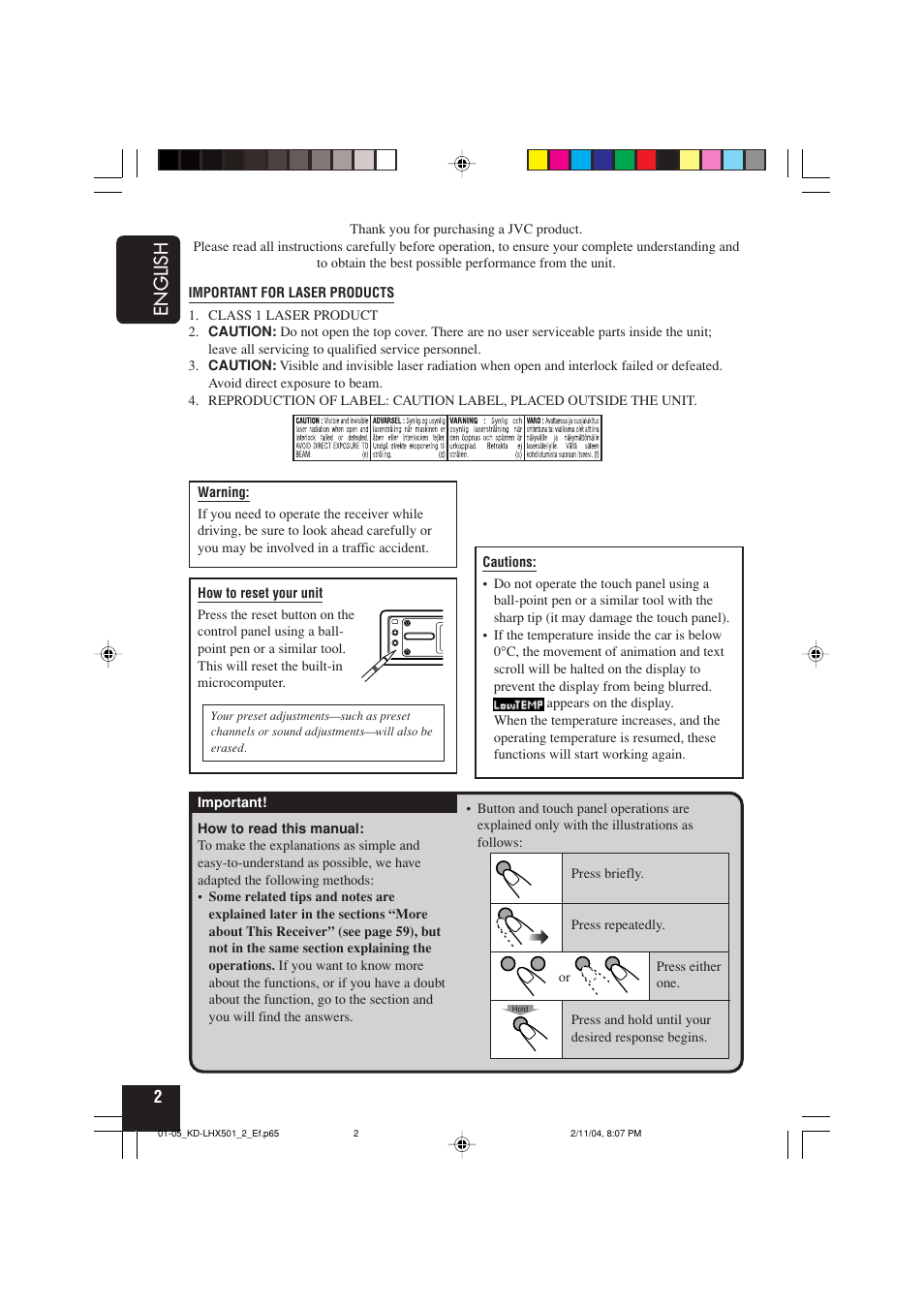 English | JVC CD-RECEIVER KD-LHX501 User Manual | Page 2 / 65